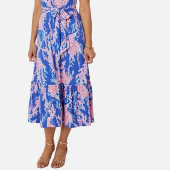 LILLY PULITZER Madsen Midi Dress Swim On Over Borealis Blue Pink Coral Size L - Picture 2 of 2